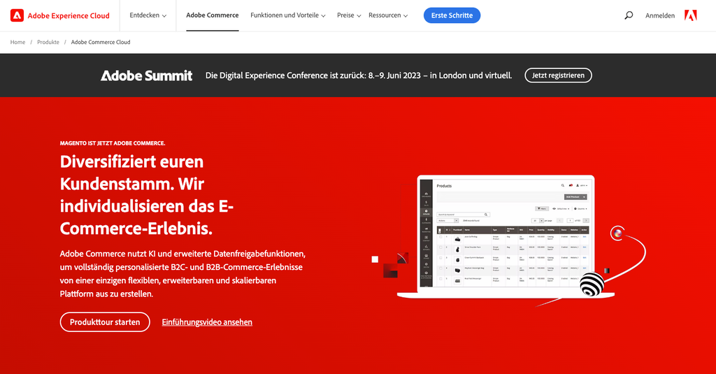Homepage von Magento.de, einer headless eCommerce-Plattform, die Omnichannel-Erlebnisse auf einer einzigen Plattform bietet.