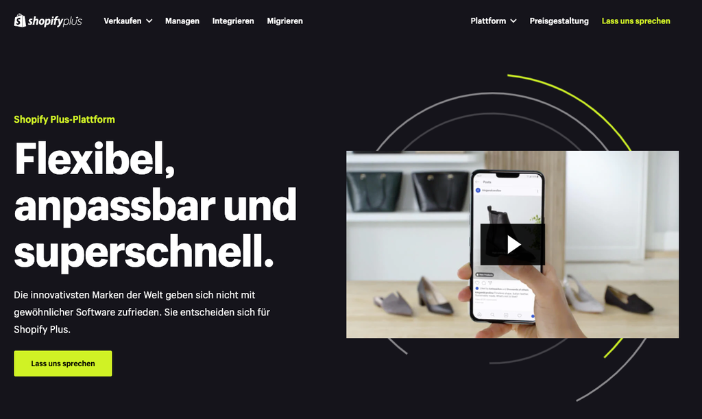 Homepage von Shopify Plus, einer E-Commerce-Plattform ohne Kopfhörer, die eine leistungsstarke Website bietet.