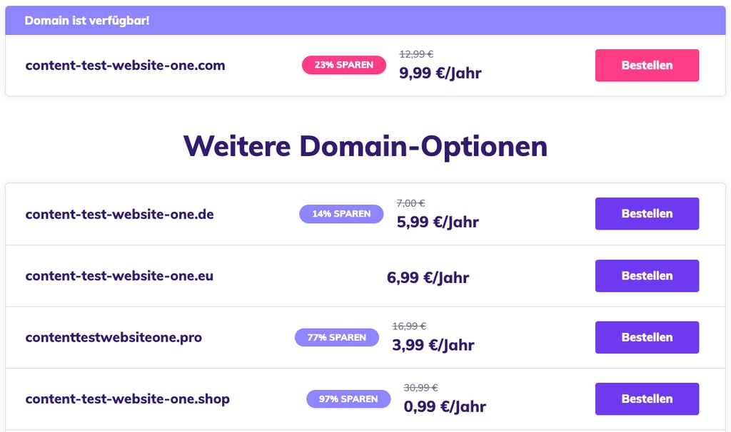 Domain-Erweiterungsoptionen auf dem Hostinger Domain Checker