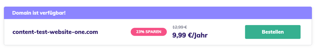 .com-Domain-Erweiterung auf dem Hostinger Domain Checker, wobei die Schaltfläche Weiter zum Warenkorb hervorgehoben ist