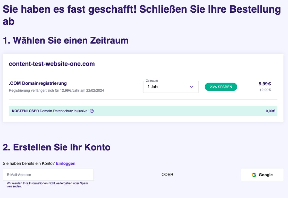 Die Hostinger Domain Checker Warenkorbseite zeigt die Schritte "Wählen Sie einen Zeitraum" und "Erstellen Sie Ihr Konto" des Domain-Kaufprozesses.
