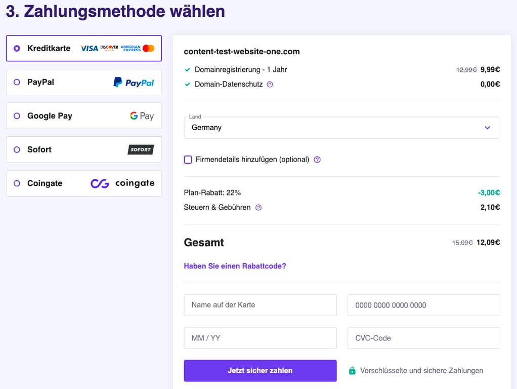Die Hostinger Domain Checker Warenkorbseite zeigt den Schritt "Select Payment" des Domain-Kaufprozesses.
