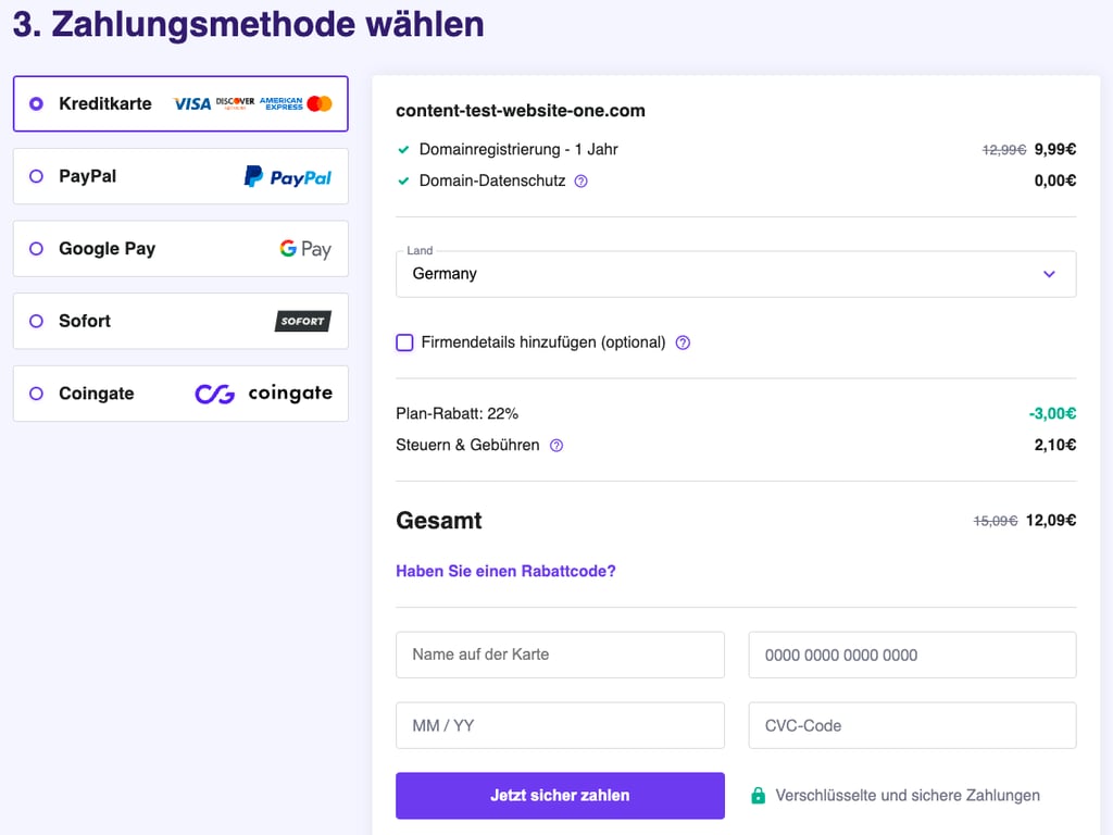 Die Hostinger Domain Checker Warenkorbseite zeigt den Schritt "Select Payment" des Domain-Kaufprozesses.