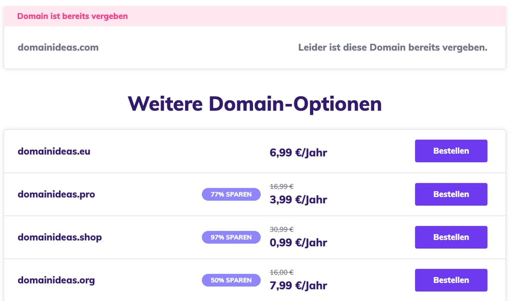 Prüfen von Domänenoptionen mit verschiedenen Erweiterungen und deren Preisen