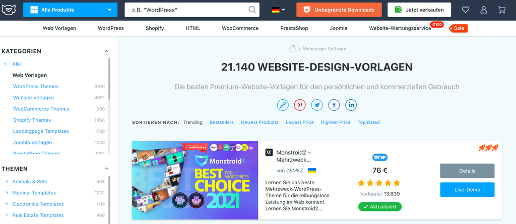 Homepage des Template Monster