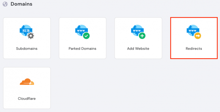 Auswahl der Funktion Redirects im Hostinger-Kontrollpanel, die unter der Rubrik Domains verfügbar ist