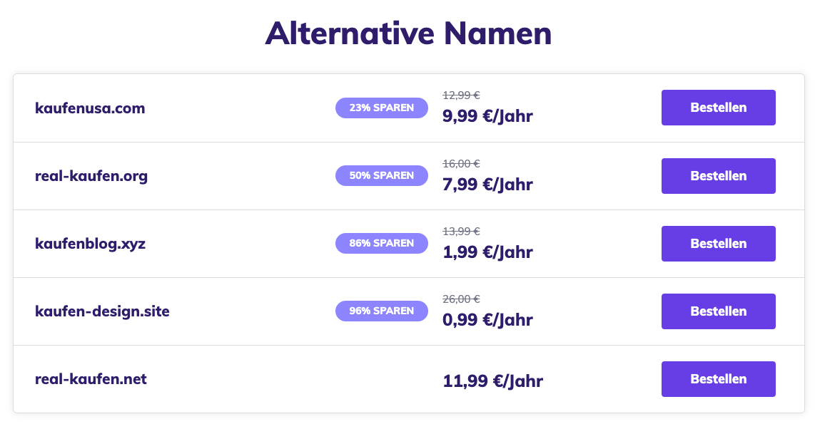 Von Hostinger generierte Variationen von Domainnamen.