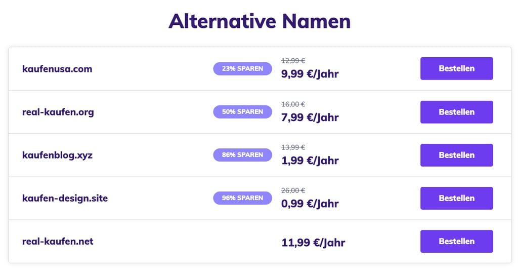 Von Hostinger generierte Variationen von Domainnamen.