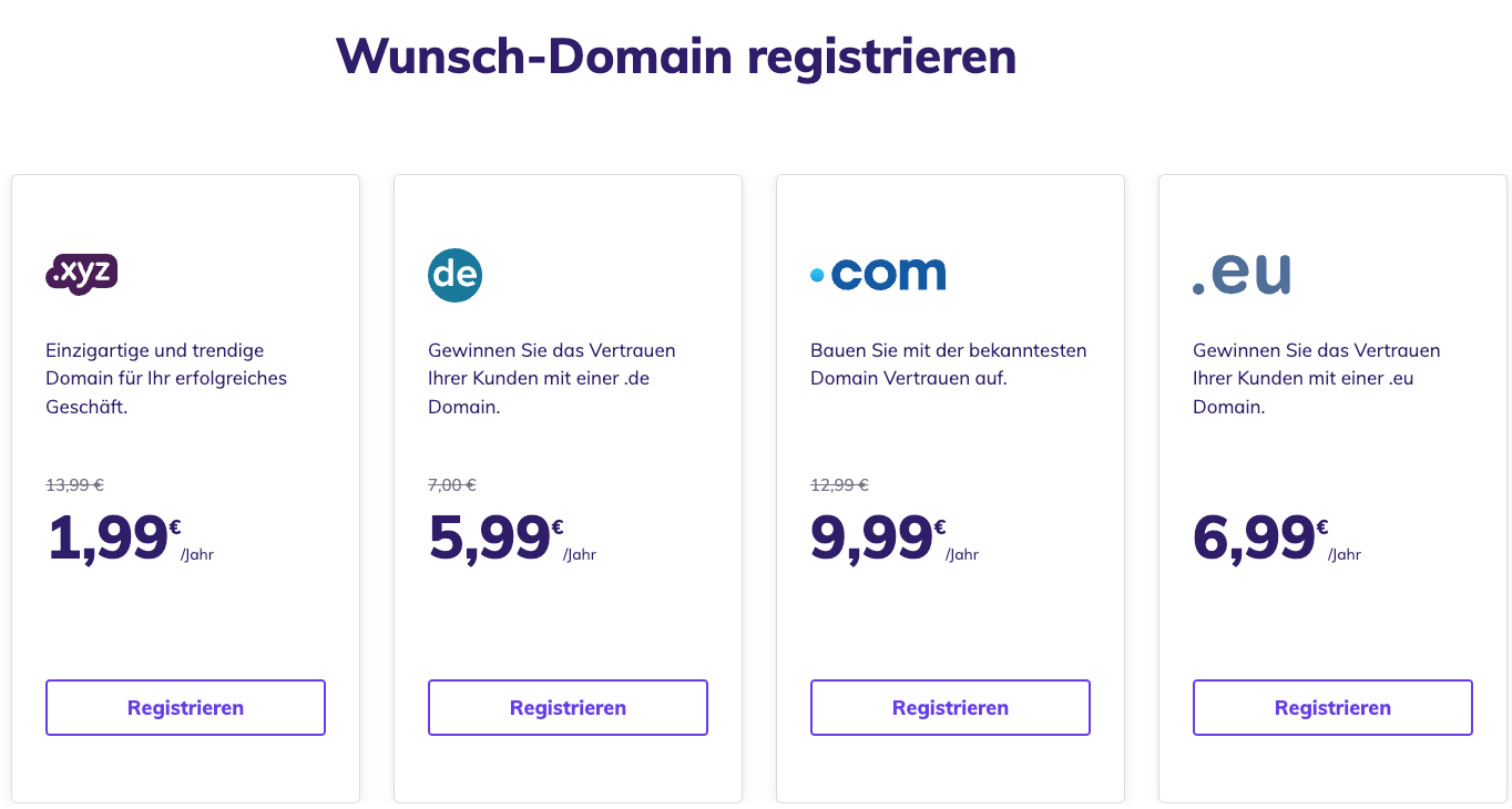 Die Landing Page für Domainnamen von Hostinger zeigt verschiedene Erweiterungsoptionen