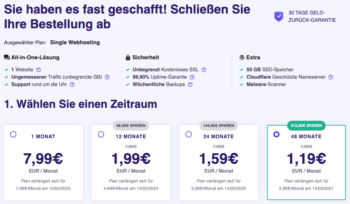 Optionen für den Webhosting-Zeitraum.