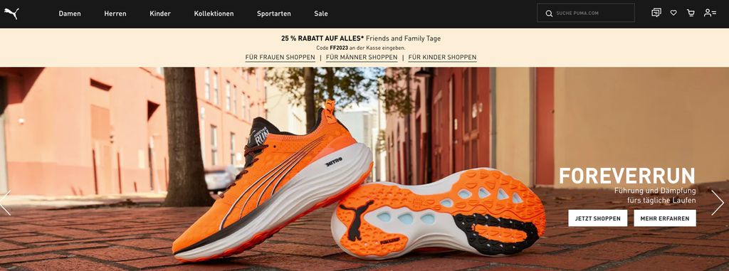 Die Startseite von Puma
