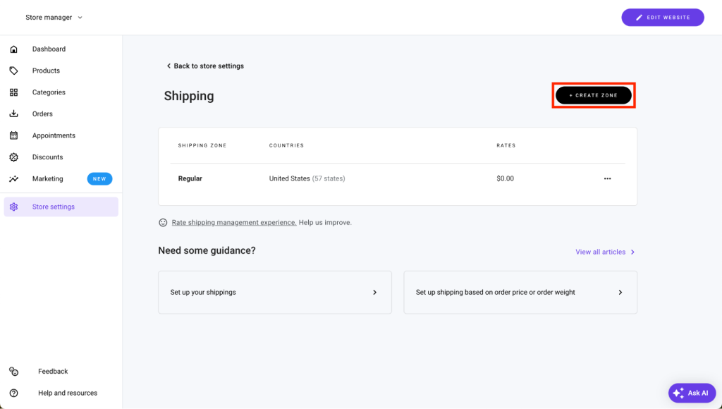 Schaltfläche „Zone erstellen“  hervorgehoben