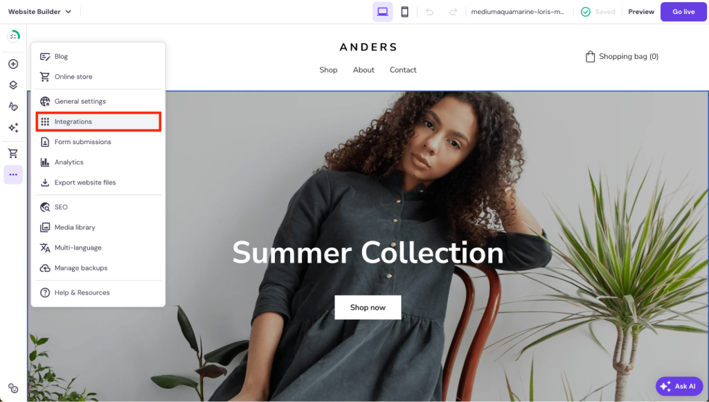 Integrationseinstellungen im Seitenmenü