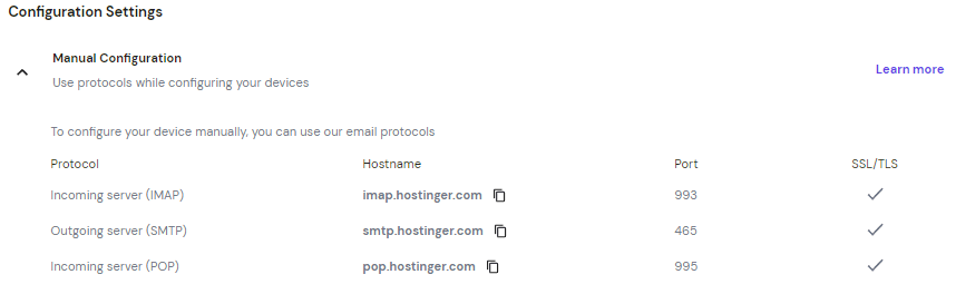 Der Abschnitt Configuration Settings auf hPanel