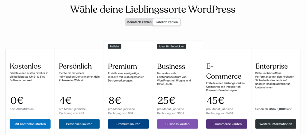 Die Auswahl an Plänen auf wordpress.com