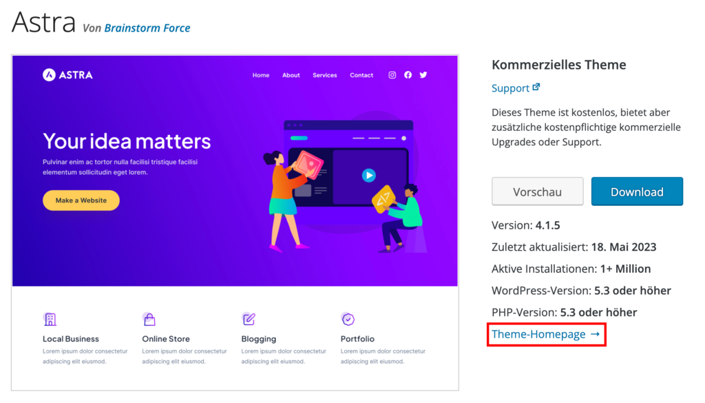 Zugriff auf die Homepage eines Themes aus dem offiziellen WordPress-Themenverzeichnis.