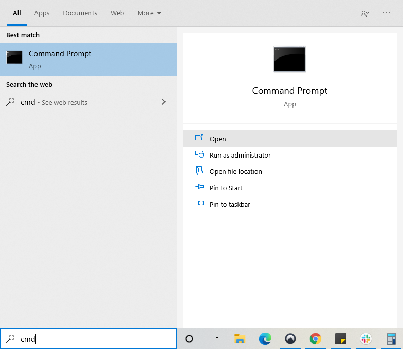Eingabe von cmd in die Windows-Suchleiste und Auffinden der Eingabeaufforderungs-App