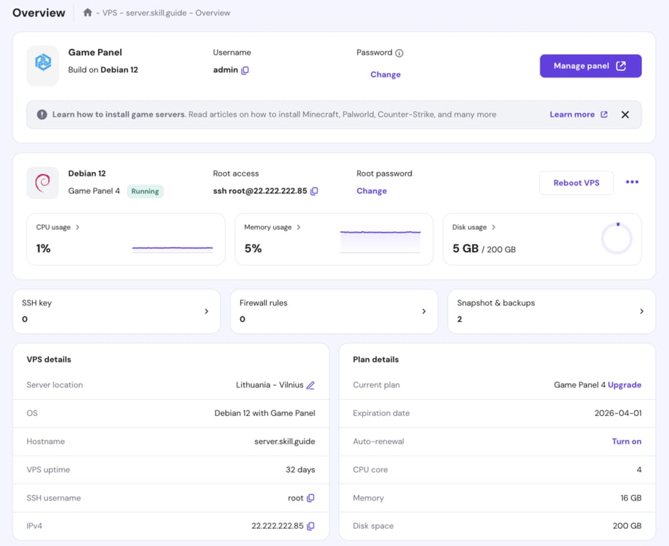 hPanel VPS-Übersicht