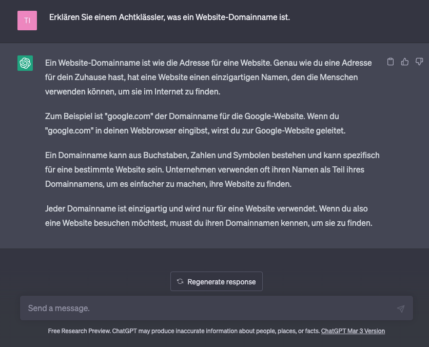 Eine vereinfachte Erklärung des von ChatGPT generierten Domainnamens.
