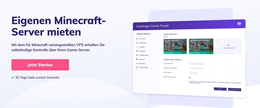Hostingers Minecraft-Server-Hosting-Seite.