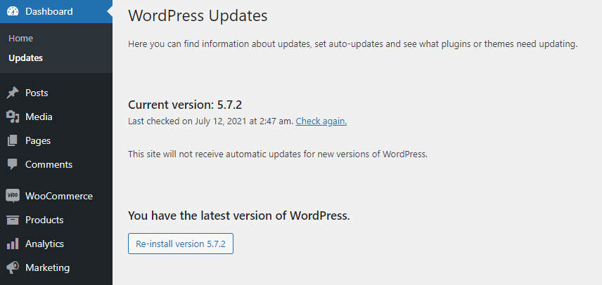 Suche nach Updates im WordPress-Dashboard.