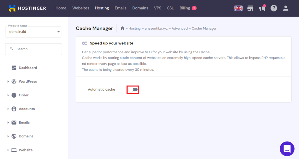 Aktivieren der Option &bdquo;Automatic cache" in hPanel
