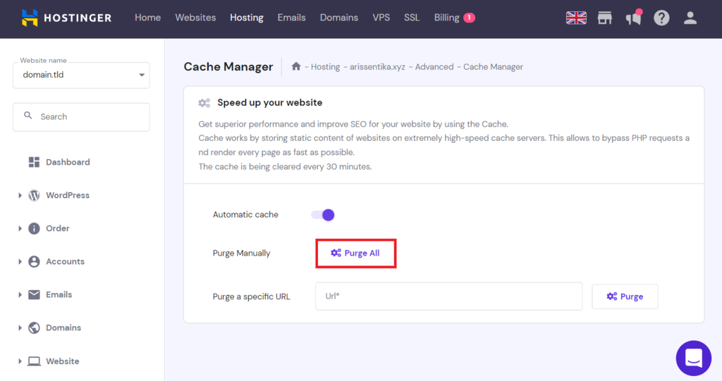 L&ouml;schen des gesamten Cache mit dem Cache-Manager von hPanel