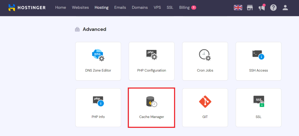 Ausw&auml;hlen des Cache-Managers im hPanel