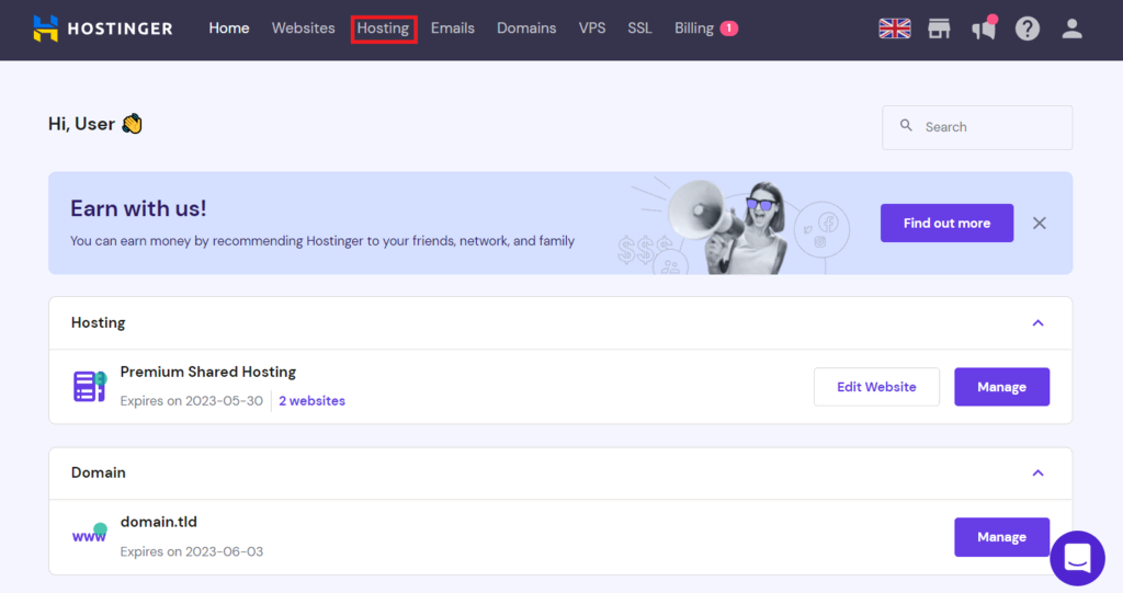 Zugriff auf den Bereich Hosting im hPanel