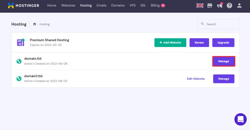 Klick auf die Schaltfl&auml;che Manage neben einem Domainnamen im hPanel