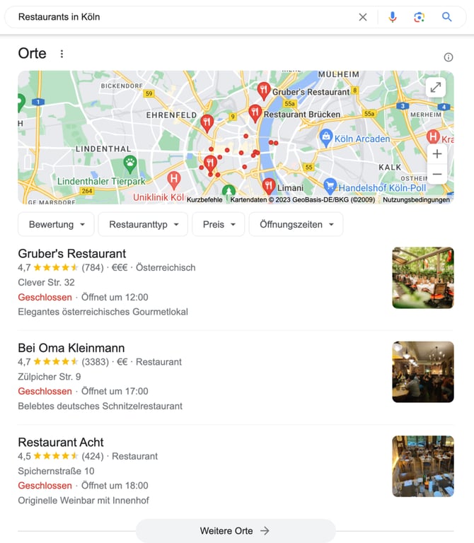 Screenshot der Google-Suche „Restaurants in Köln"