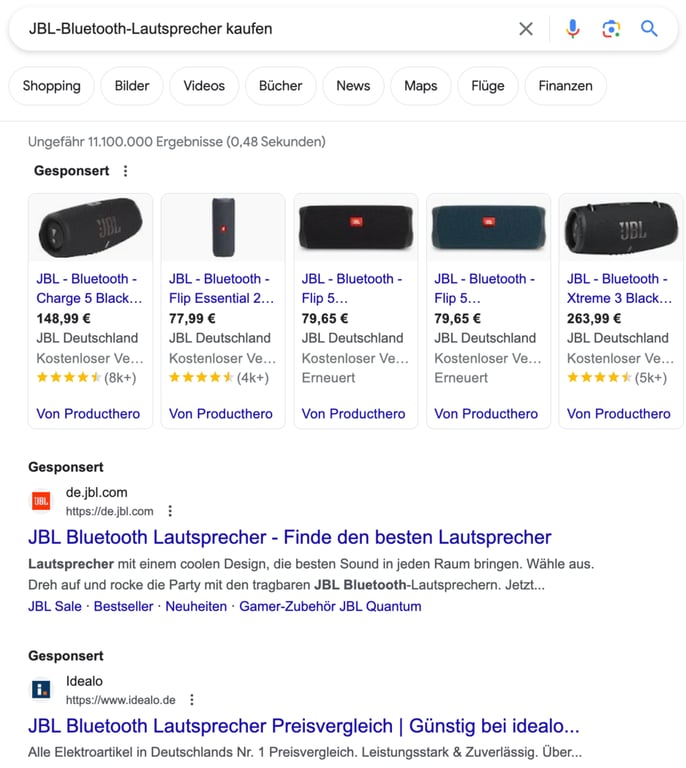 Screenshot der Google-Suche „JBL-Bluetooth-Lautsprecher kaufen"