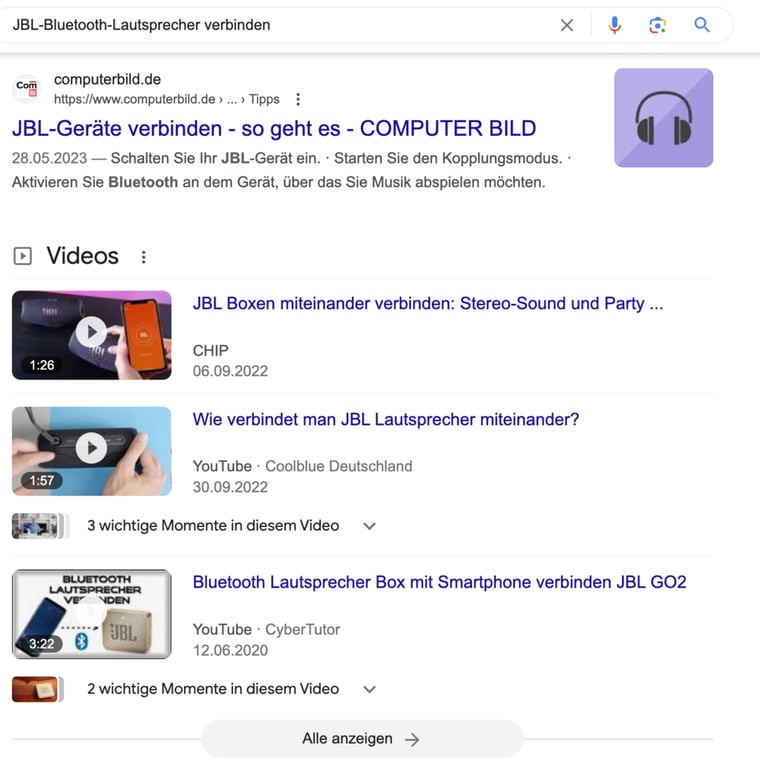 Screenshot der Google-Suche „JBL-Bluetooth-Lautsprecher verbinden"
