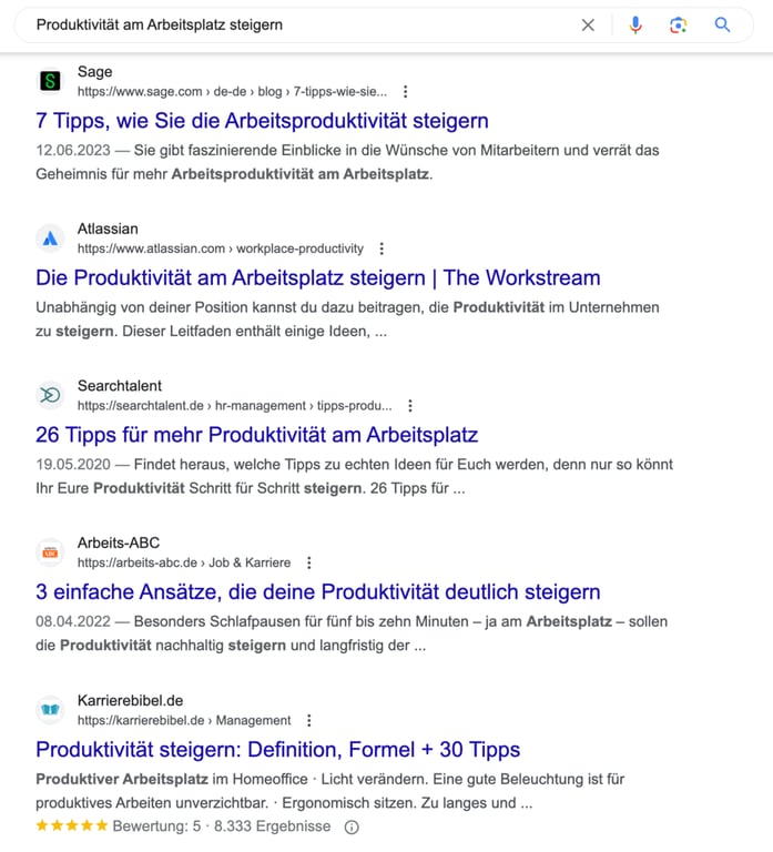 Screenshot der Google-Suche „Produktivität am Arbeitsplatz steigern"