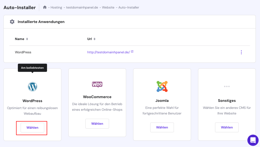 Der Bereich Auto-Installer, der die Schaltfl&auml;che W&auml;hlen bei WordPress hervorhebt