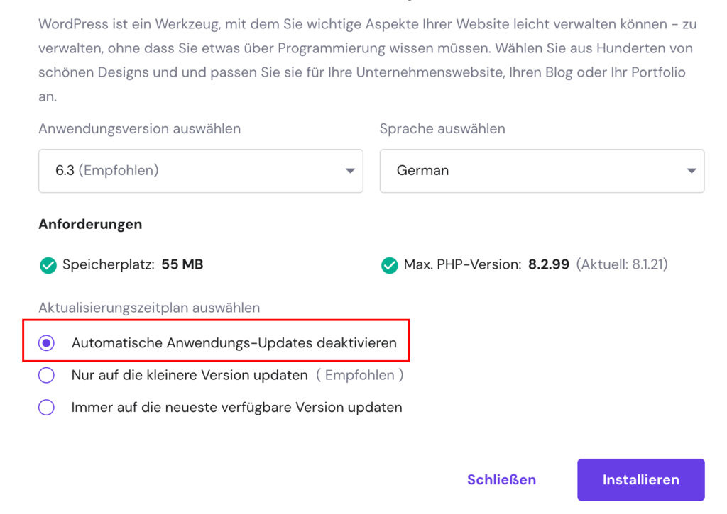Die Auswahl &bdquo;Automatische Anwendungs-Updates deaktivieren&rdquo; im hPanel-Fenster der WordPress-Installation