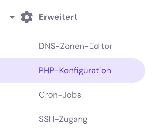 Bereich Erweitert im hPanel, Hervorhebung der PHP-Konfiguration