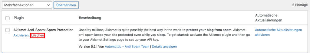 Screenshot zum L&ouml;schen eines Plugins