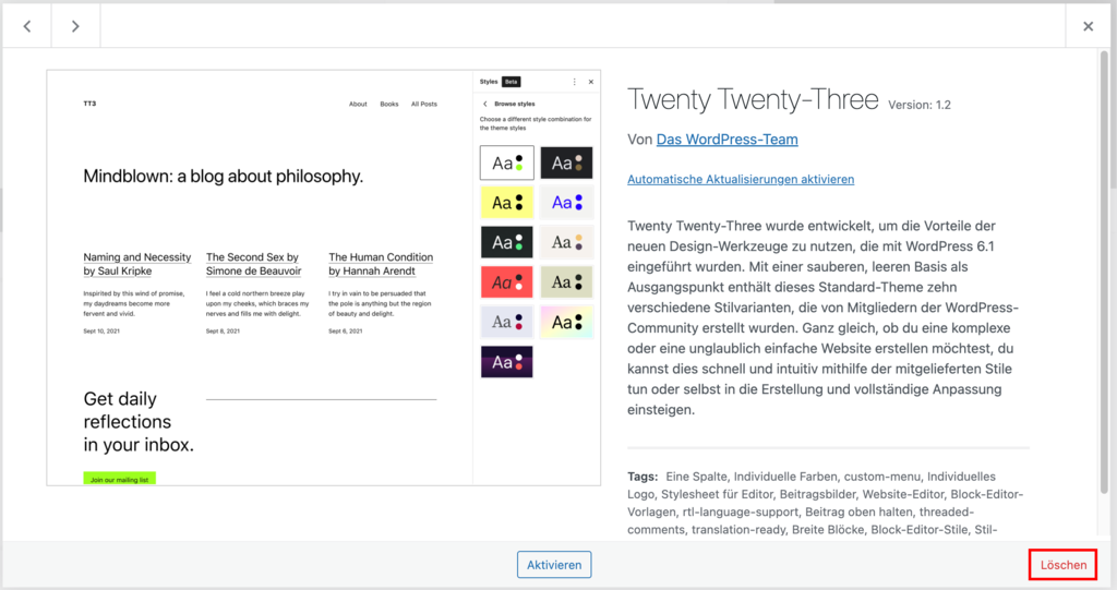 Screenshot mit der Schaltfl&auml;che zum L&ouml;schen des WordPress-Themes