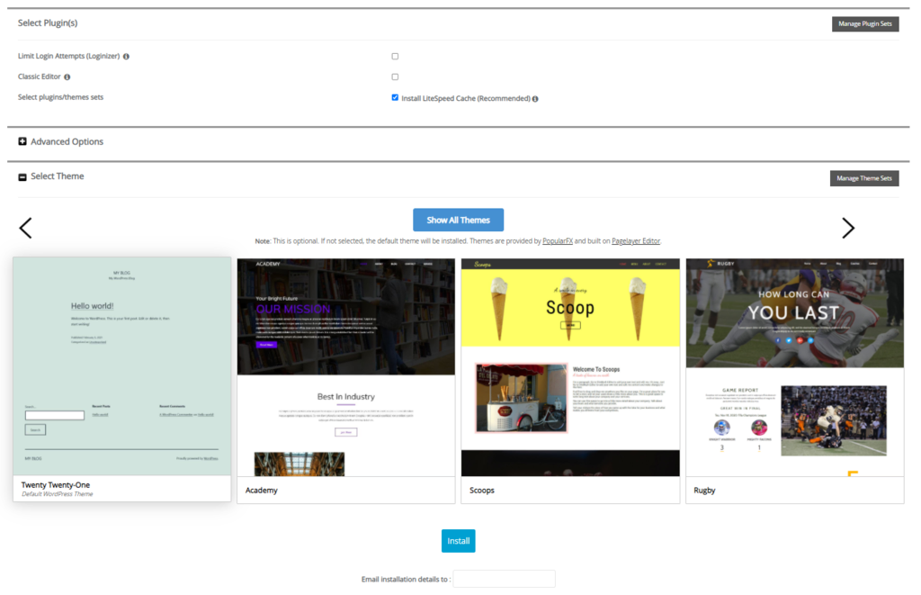 Softaculous WordPress-Installationsformular