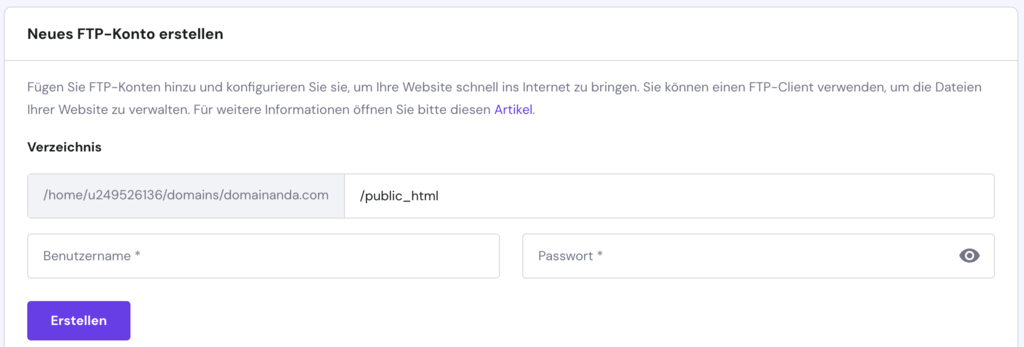 Erstellen eines neuen FTP-Kontos über hPanel