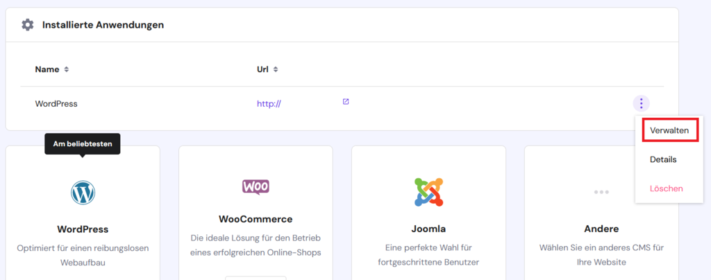 Der Bereich Auto-Installer, mit hervorgehobener Schaltfl&auml;che Verwalten, die nach einem Klick auf die drei Punkte erscheint