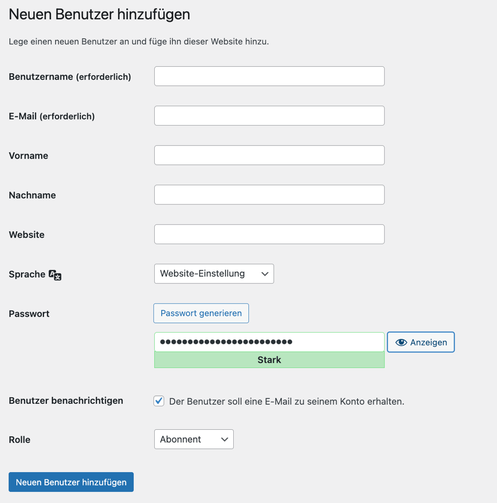 Screenshot der WordPress-Funktion Neuen Benutzer hinzuf&uuml;gen