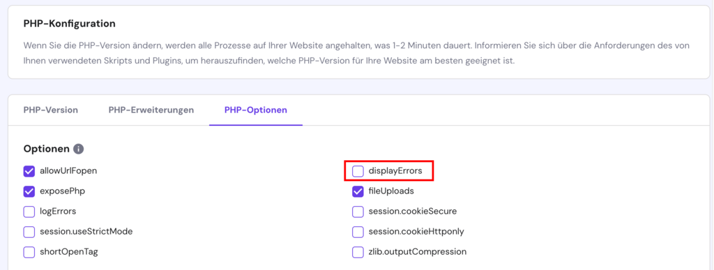 Die Option displayErrors im PHP-Optionsmenü von hPanel