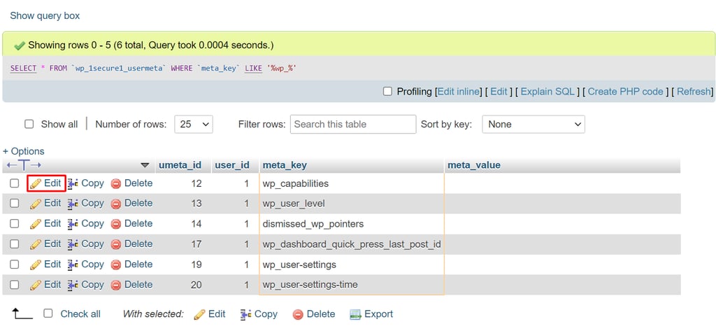 Screenshot mit der Schaltfl&auml;che Edit in phpMyAdmin