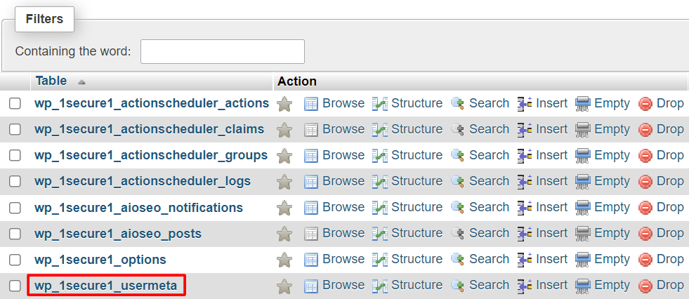 Screenshot of a phpMyAdmin table list