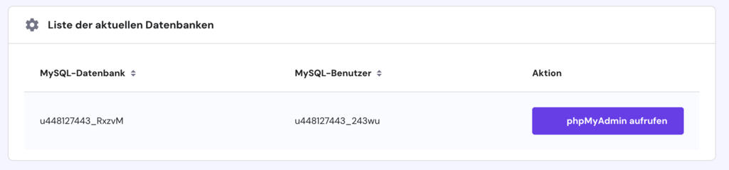 Der Bereich Datenbanken phpMyAdmin im hPanel mit der Schaltfläche phpMyAdmin aufrufen