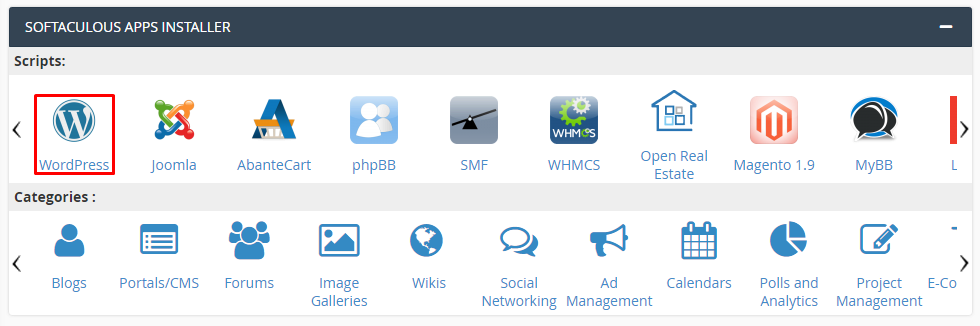 Die WordPress-Schaltfl&auml;che unter dem Softaculous Apps Installer im cPanel