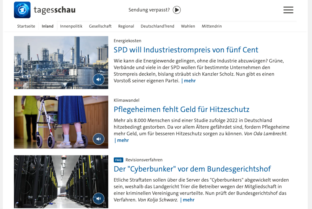 Nachrichtenseite der Tagesschau
