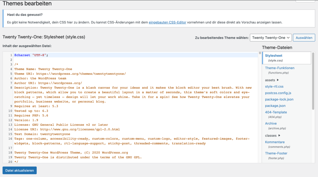 Der WordPress Theme-Datei-Editor